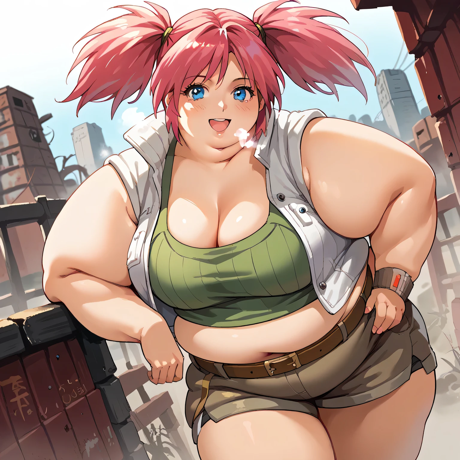 score_9, score_8_up, score_7_up, source_anime,
nadiacassel, nadia cassel, blue eyes, hair tie, medium hair, pink hair, twintails,
belt, brown belt, brown shorts, jacket, midriff, short shorts, shorts, sleeveless, sleeveless jacket, white jacket, tank top, green tank top,
outdoors, wasteland, bent over, cleavage, smile,
looking at viewer, cowboy shot, dutch angle, solo, fat, chubby, obese, gigantic arms and legs, large breasts open mouth, out of breath