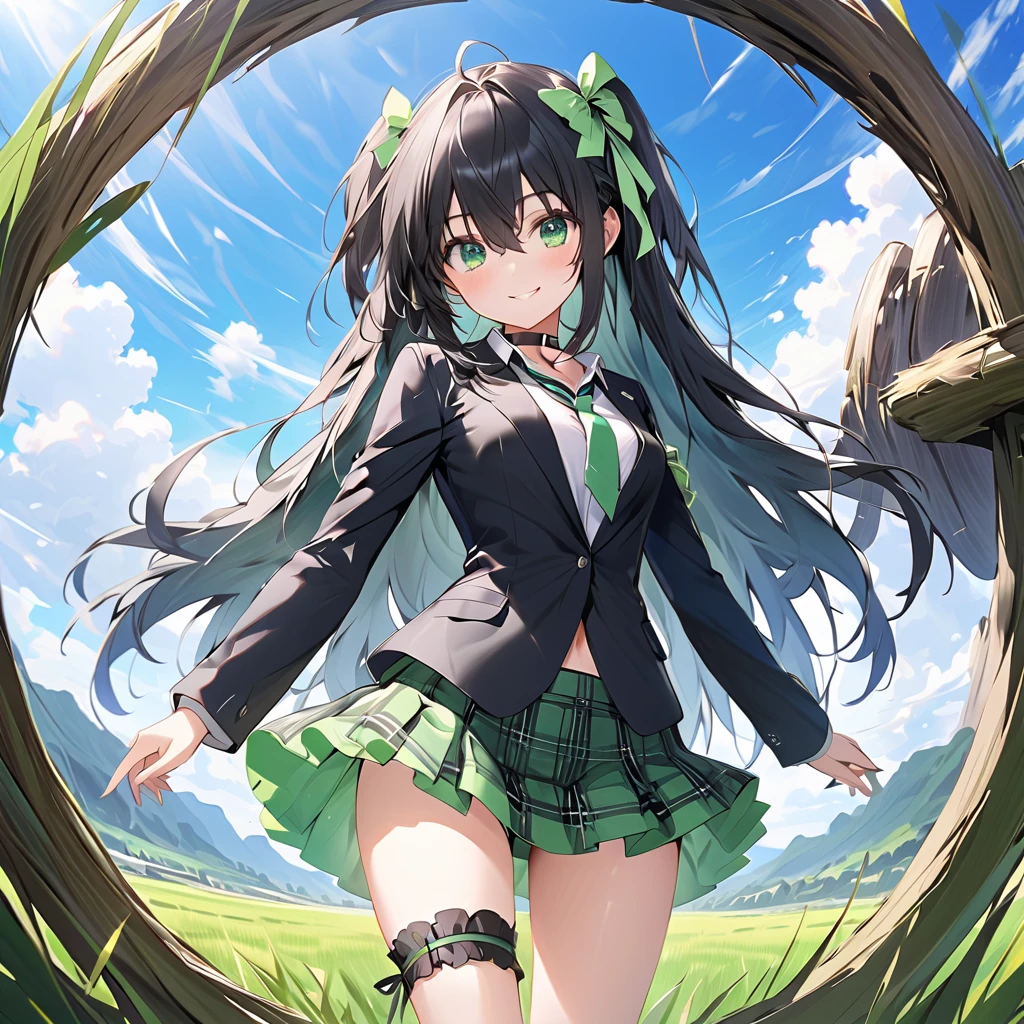 IF \(Neptunia )\,smile, black hair, long hair, green eyes, green bow, ribbon, one side up,choker,(Black blazer:1.5)、(Regular necktie:1.5)、( black plaid mini skirt:1.5)、(Thighs),(bridal garter:1.５),grassland、blue sky、 cowboy shot 、 ( perfect anatomy ),( best quality), ( ultra hi-res), ( 超 high definition ), ( Highly Detailed CG), (32K), (masterpiece)、eyesHD