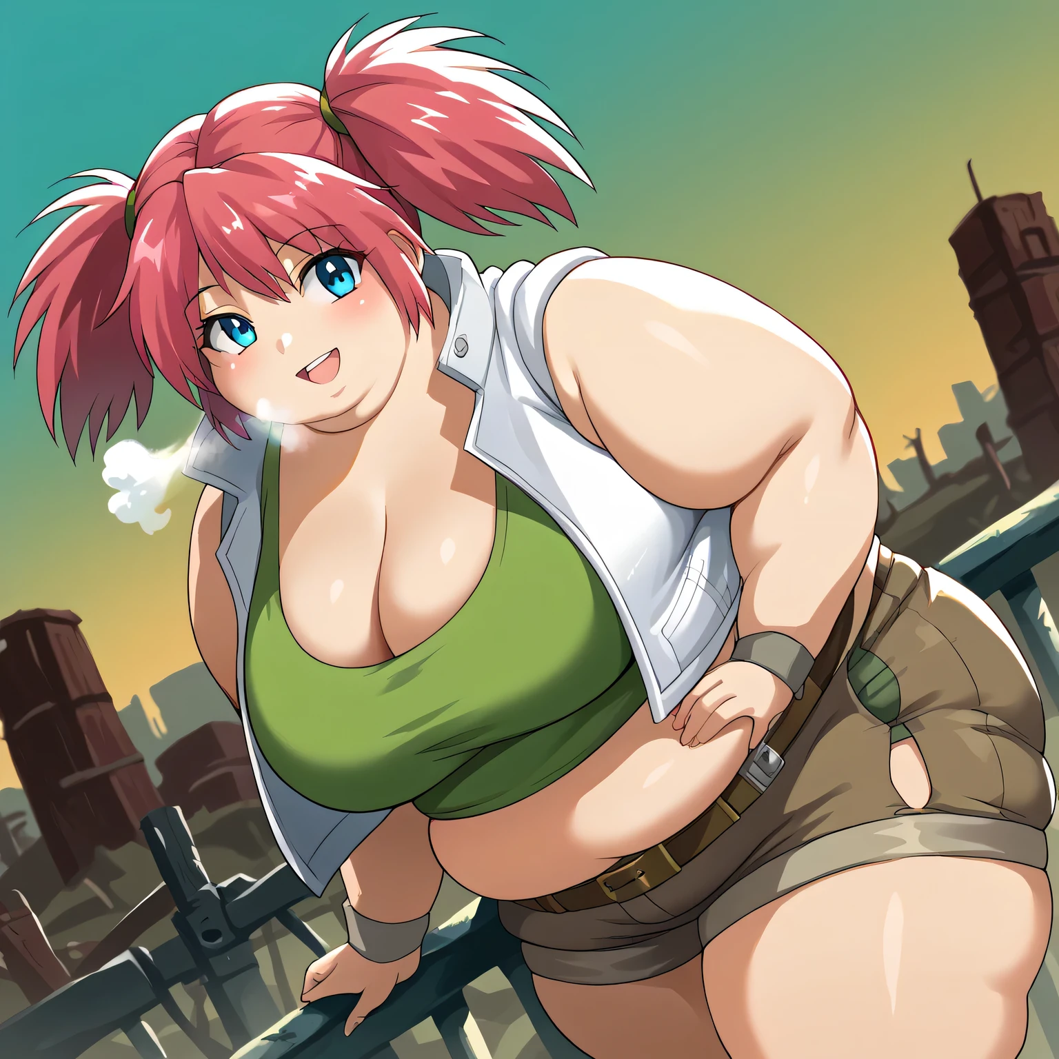 score_9, score_8_up, score_7_up, source_anime,
nadiacassel, nadia cassel, blue eyes, hair tie, medium hair, pink hair, twintails,
belt, brown belt, brown shorts, jacket, midriff, short shorts, shorts, sleeveless, sleeveless jacket, white jacket, tank top, green tank top,
outdoors, wasteland, bent over, cleavage, smile,
looking at viewer, cowboy shot, dutch angle, solo, fat, chubby, obese, gigantic arms and legs, large breasts open mouth, out of breath