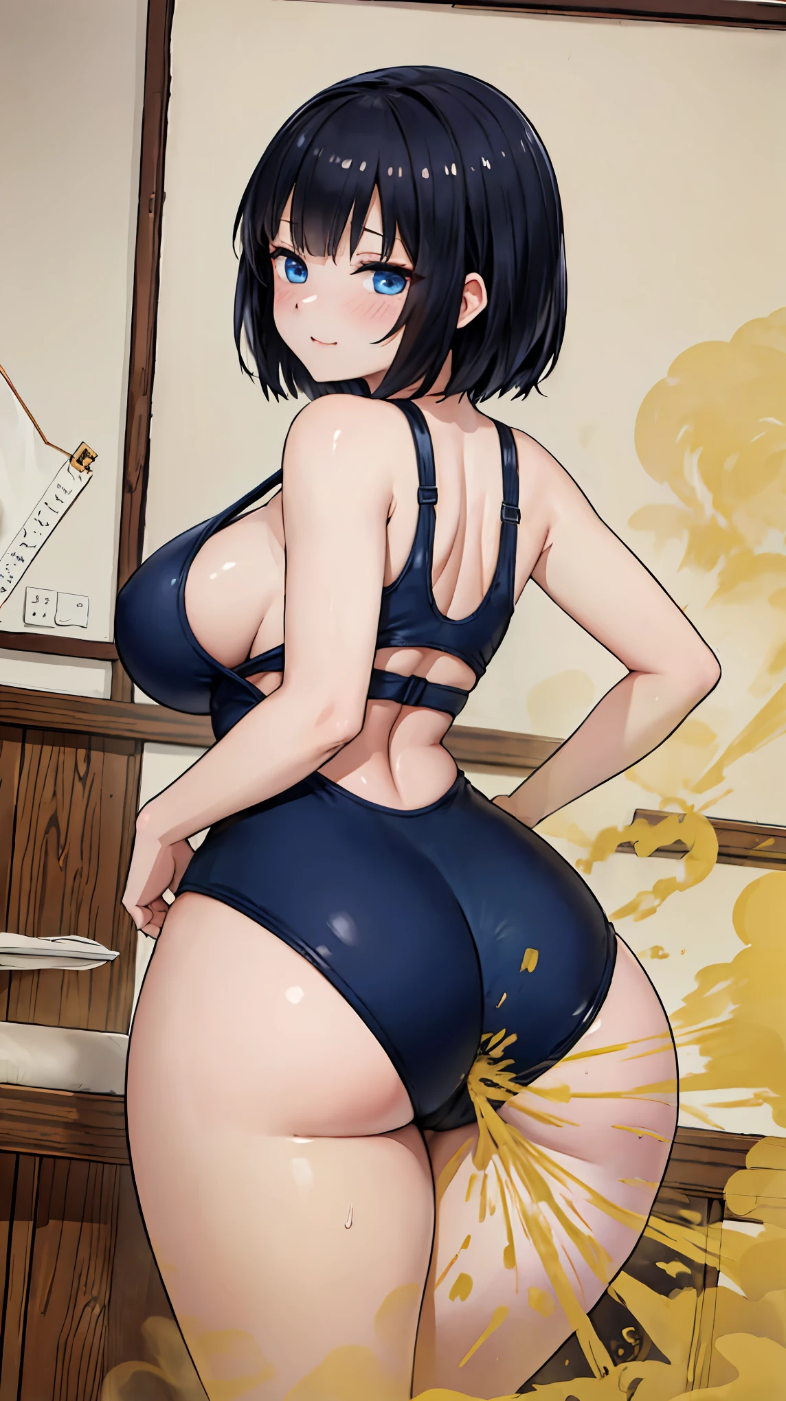 HD, high quality, high resolution, ultrahd, solo, 1female, wearing blue swimsuit, wearing glasses, tomboy cut, tomboy hair, short hair, big hair bangs, big bangs, black hair, very tall body, thin body, huge , hoge breasts, massive fart, yellow smoke, velocity, viewing ass, embarrassed, smiling, clenching teeth, alone at pool, beautiful lighting, highlights