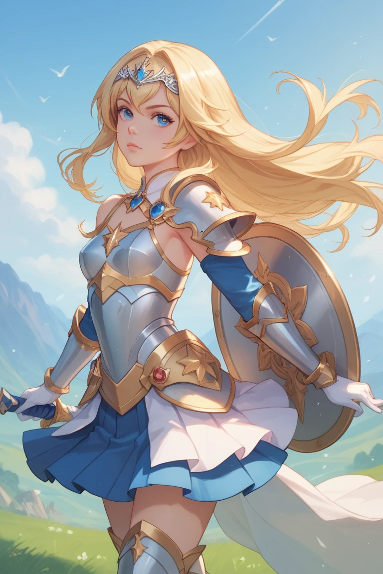 A beautiful magical girl warrior, long blonde hair, blue eyes, small breasts,Fantasy cropped armor  white pleated skirt. Tiara, sword and shield she goes on an adventure trip She walks through an imaginative landscape