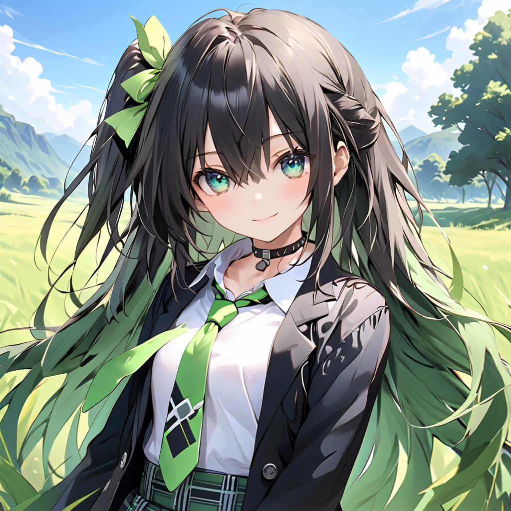 IF \(Neptunia )\,smile, black hair, long hair, green eyes, green bow, ribbon, one side up,choker,(Black blazer:1.5)、(Regular necktie:1.5)、( black plaid mini skirt:1.5)、(Thighs),(bridal garter:1.５),grassland、blue sky、 cowboy shot 、 ( perfect anatomy ),( best quality), ( ultra hi-res), ( 超 high definition ), ( Highly Detailed CG), (32K), (masterpiece)、eyesHD