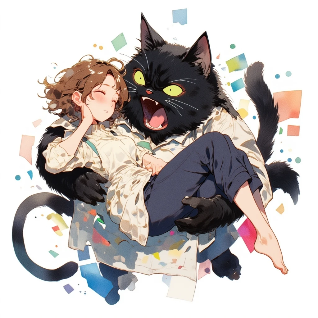 Watercolor painting illustration, full body, A big-black-cat is holding a sleeping cute-young-lady in his arms and screaming, facing upwards, A big-black-cat is 1cat\(A fat furry male black cat, wearing a white apron with long sleeves, His Ears tilted back and spread out to the sides, drooping ears, Slit yellow eyes, slit eyes, slit yellow eyes\), A cute-young-lady is 1lady\(brown hair, asymmetrical hair, Lime Green eyes, wearing an office worker's outfit with dark navy pants and white raffled shirt\), from above, simple white background