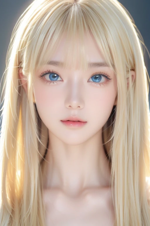  1 14-year-old incredibly white girl 、super long golden hair 、bangs、 super long platinum blonde silky hair 、Big incredibly bright, glowing white, vibrant mint-green eyes、目の間のbangs、very long golden hair 、 high definition 、 blond hair between eyes 、eye-catching blonde 、 shiny blonde、 eye-catching blonde 、Round face、Young appearance、innocent pretty face 、Very white, beautiful, and shiny skin、Cheek gloss highlight, shiny makeup, hair on the face, long hair hanging in the center of the face, hair on the nose, hair touching the lips、Long hair hanging between the eyes