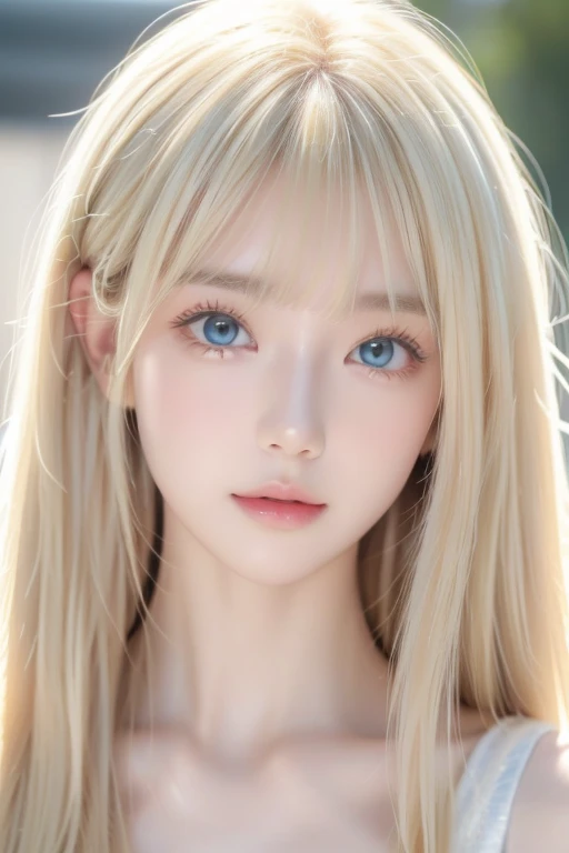  1 14-year-old incredibly white girl 、super long golden hair 、bangs、 super long platinum blonde silky hair 、Big incredibly bright, glowing white, vibrant mint-green eyes、目の間のbangs、very long golden hair 、 high definition 、 blond hair between eyes 、eye-catching blonde 、 shiny blonde、 eye-catching blonde 、Round face、Young appearance、innocent pretty face 、Very white, beautiful, and shiny skin、Cheek gloss highlight, shiny makeup, hair on the face, long hair hanging in the center of the face, hair on the nose, hair touching the lips、Long hair hanging between the eyes