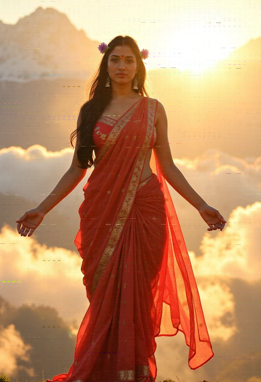 "A glowing divine female figure standing amidst the clouds,She wears an intricately embroidered red and gold saree that shimmers in soft sunlight.She has long wavy black hair in a loose messy bun with fresh jasmine flowers. She has very large breasts and wide hips. The light reflects off of her soft glistening skin. She has wide eyes with long eye lashes and natural makeup. symbolizing grace and power, with the Himalayas in the backdrop. A soft golden light surrounds her, representing her celestial presence.