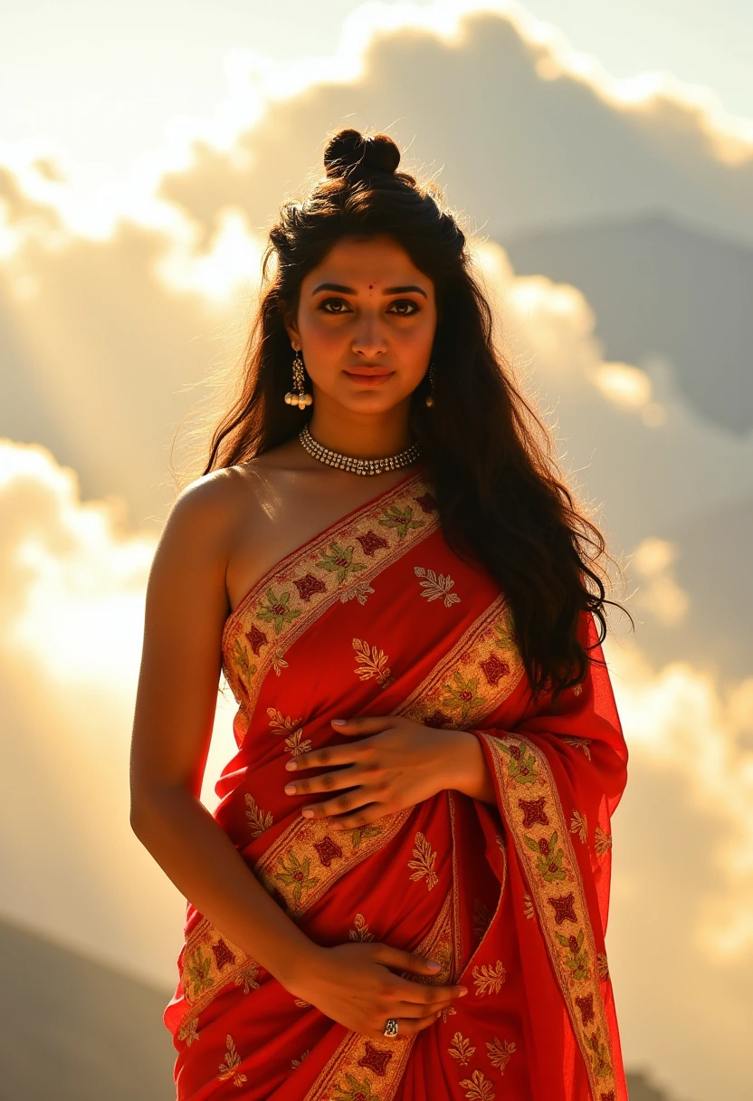 "A glowing divine female figure standing amidst the clouds,She wears an intricately embroidered red and gold saree that shimmers in soft sunlight.She has long wavy black hair in a loose messy bun with fresh jasmine flowers. She has very large breasts and wide hips. The light reflects off of her soft glistening skin. She has wide eyes with long eye lashes and natural makeup. symbolizing grace and power, with the Himalayas in the backdrop. A soft golden light surrounds her, representing her celestial presence.