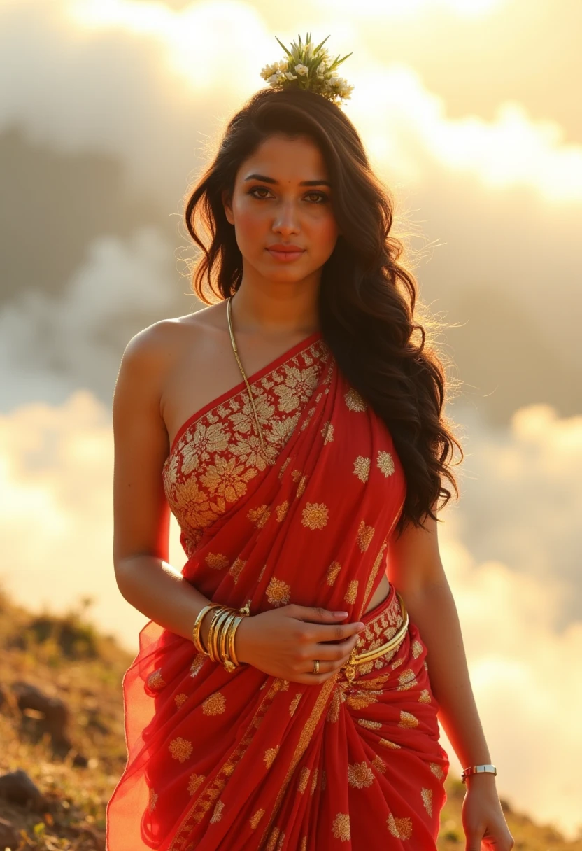 "A glowing divine female figure standing amidst the clouds,She wears an intricately embroidered red and gold saree that shimmers in soft sunlight.She has long wavy black hair in a loose messy bun with fresh jasmine flowers. She has very large breasts and wide hips. The light reflects off of her soft glistening skin. She has wide eyes with long eye lashes and natural makeup. symbolizing grace and power, with the Himalayas in the backdrop. A soft golden light surrounds her, representing her celestial presence.