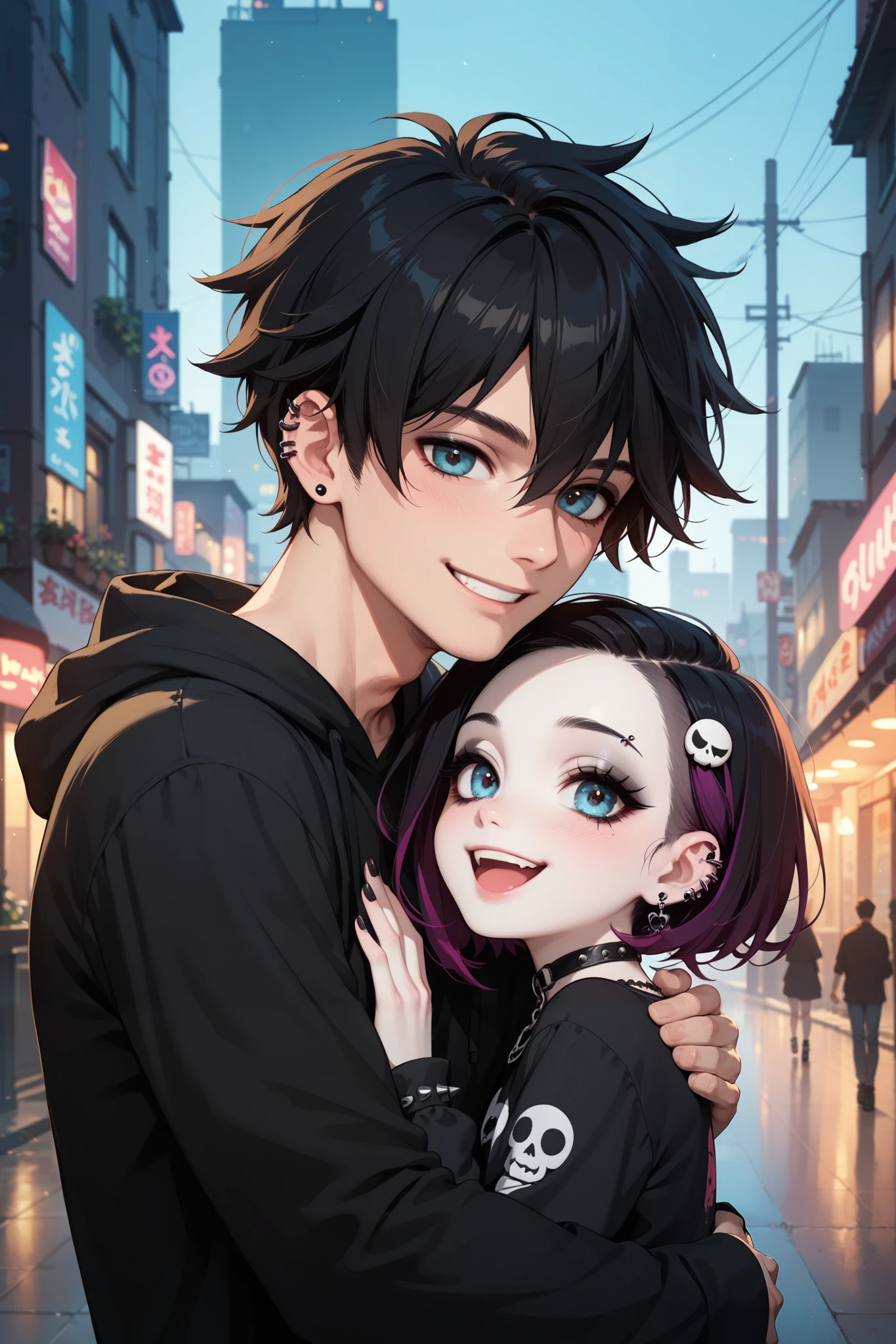 Cute cartoon,1girl, 1boy, hugging,very pale skin, white skin, goth, emo, happy, smile, long sleeves, gothic city