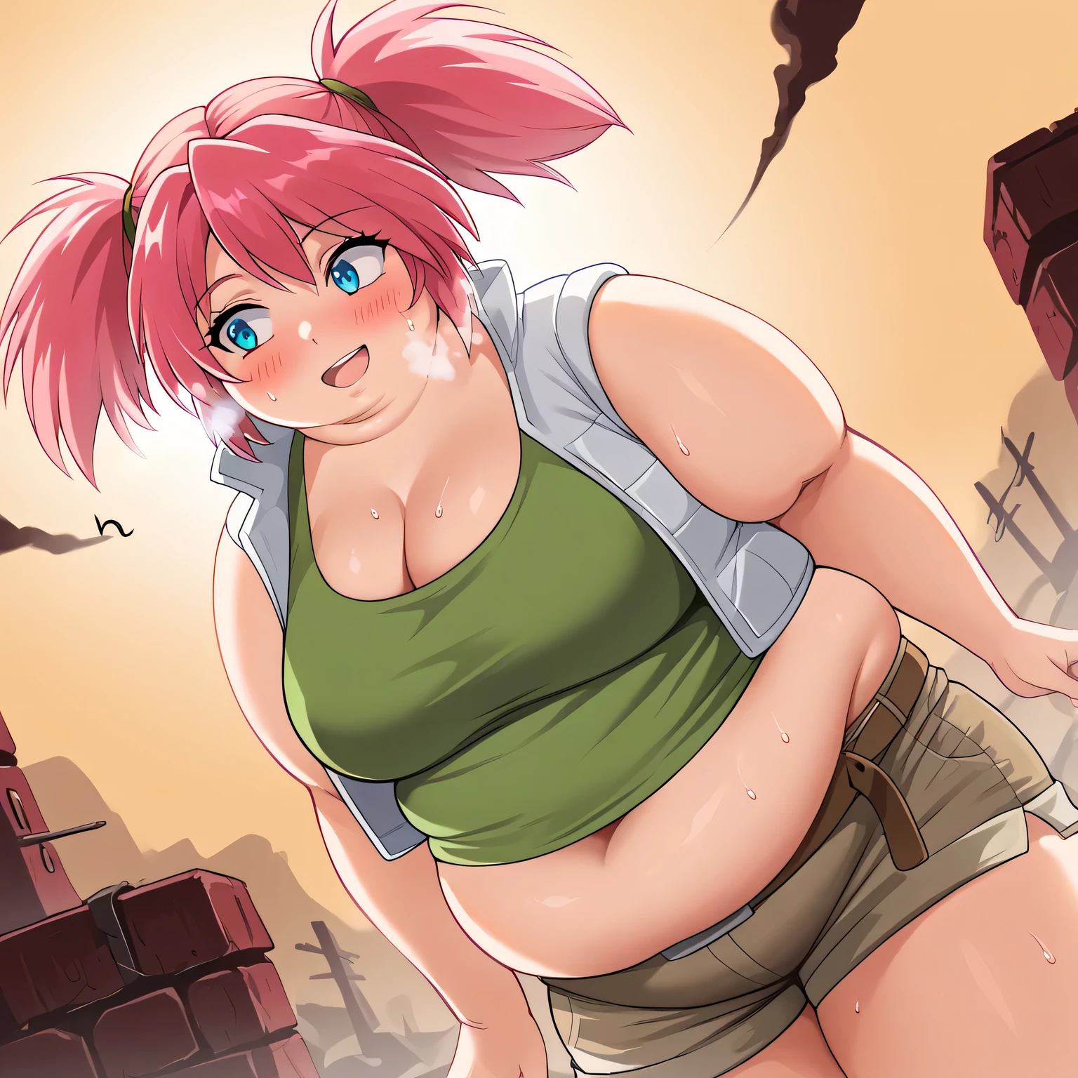 score_9, score_8_up, score_7_up, source_anime,
nadiacassel, nadia cassel, blue eyes, hair tie, medium hair, pink hair, twintails,
belt, brown belt, brown shorts, jacket, midriff, short shorts, shorts, sleeveless, sleeveless jacket, white jacket, tank top, green tank top,
outdoors, wasteland, bent over, cleavage, smile,
looking at viewer, cowboy shot, dutch angle, solo, bulging belly, fat, chubby, obese, open mouth, out of breath, absurdres, highres icon, rating:General, confused, blush, {flustered}, nervous sweating, portrait, pov hands, hand on another's belly, averting eyes, [looking away], straight-on, from below, swollen face, masterpiece, best quality, ultra-detailed, high resolution, 8K, 