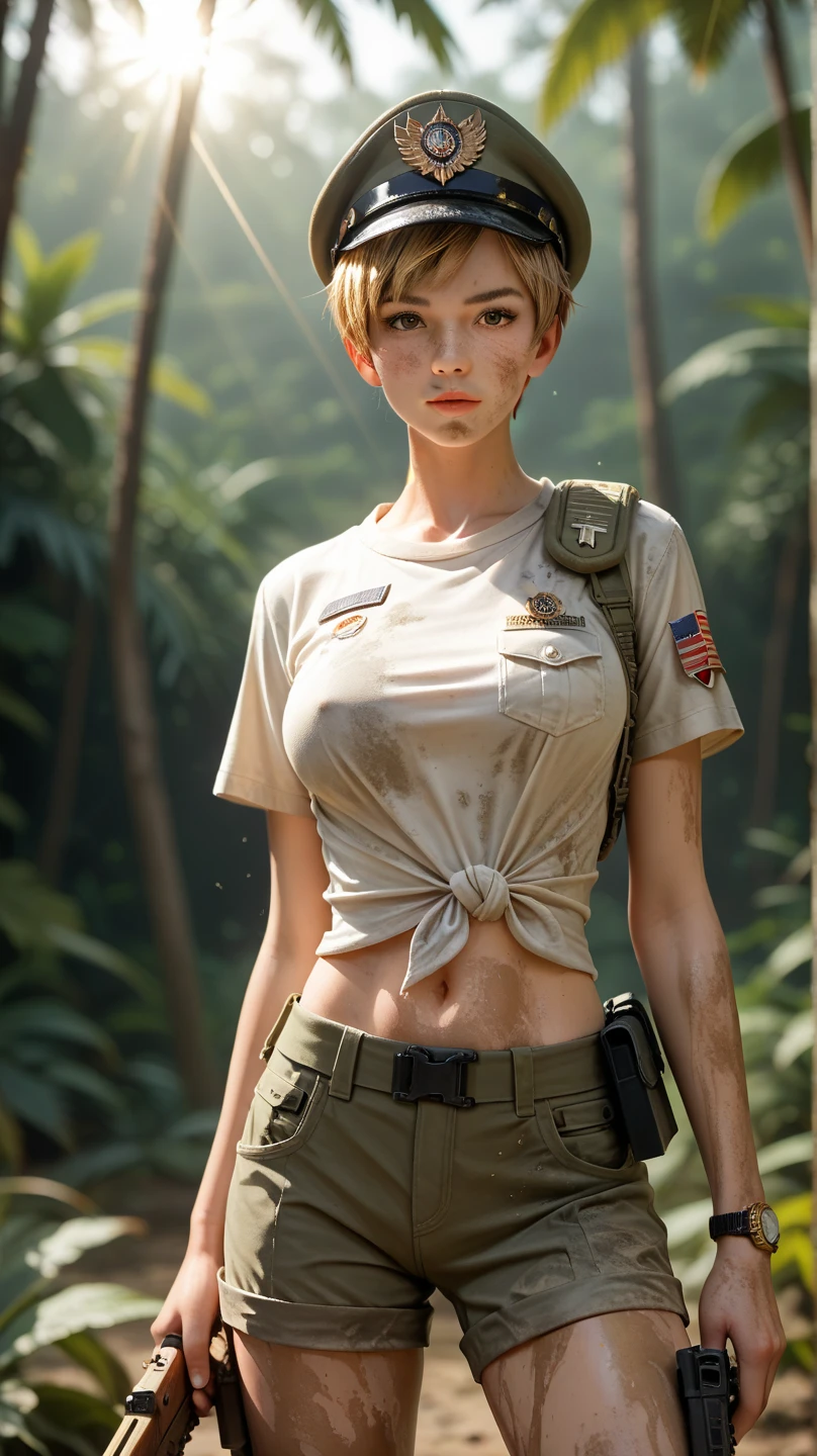 (1girl, anime style, UHD, best quality, depth of field, dramatic lighting, cinematic, masterpiece:1.5), (adorable mature face, fierce expression, statuesque trained body, short pixie cut hair, thick golden hair, tan skin, dirty muddy skin, detailed skin textures, anatomically correct:1). A bounty hunter, shirt and short pants, combat gears, military watch, cap, weapon, dynamic composition, jungle background