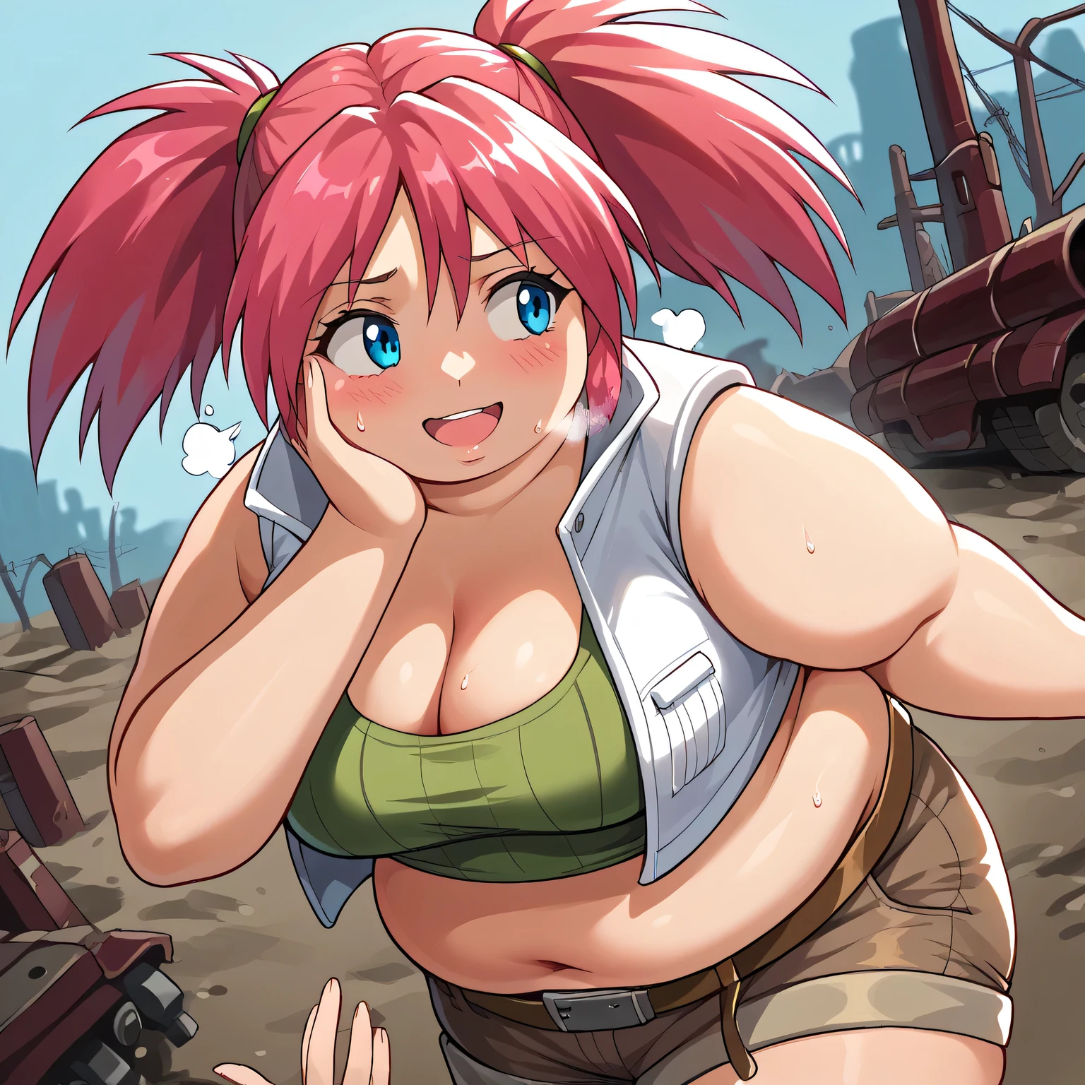 score_9, score_8_up, score_7_up, source_anime,
nadiacassel, nadia cassel, blue eyes, hair tie, medium hair, pink hair, twintails,
belt, brown belt, brown shorts, jacket, midriff, short shorts, shorts, sleeveless, sleeveless jacket, white jacket, tank top, green tank top,
outdoors, wasteland, bent over, cleavage, smile,
looking at viewer, cowboy shot, dutch angle, solo, swollen face, fat, chubby, obese, open mouth, out of breath, absurdres, highres icon, rating:General, confused, blush, {flustered}, nervous sweating, portrait, pov hands, hand on another's cheek, averting eyes, [looking away], straight-on, from above,  upper body, masterpiece, best quality, ultra-detailed, high resolution, 8K, 