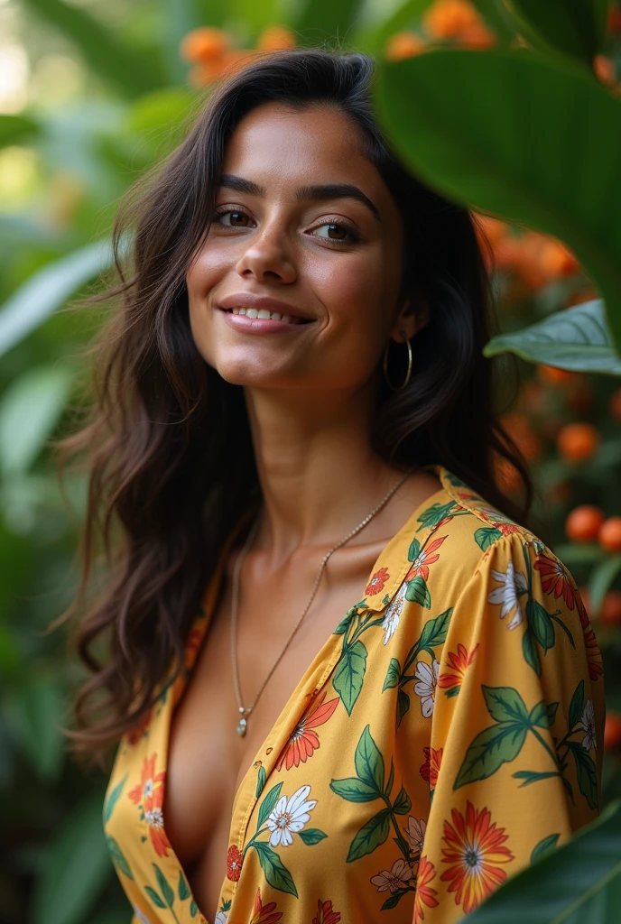 A Brazilian woman in a lush tropical garden, wearing an open shirt with a floral print, with a close-up capturing the harmonious beauty between her breasts and the natural flowers, showing off your natural charm and outgoing personality.