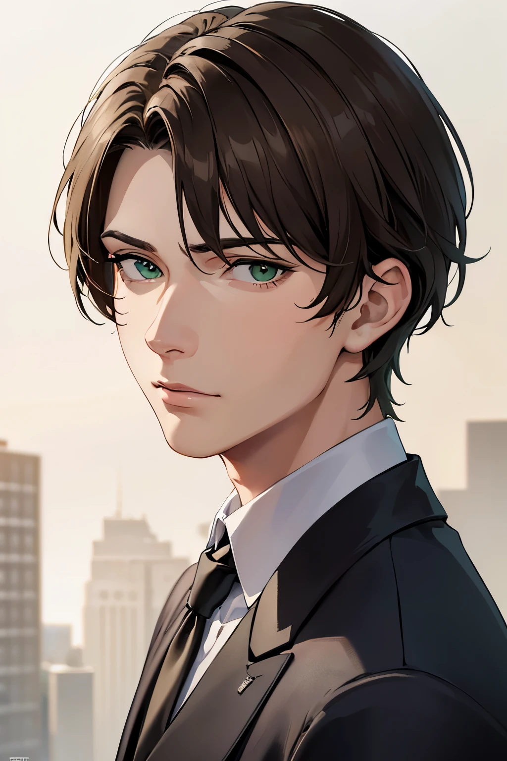 masterpiece, best quality, 1boy, brown hair, green eyes, short hair, side part, black suit, confident, sharp eyes, mature, masculine, fierce, mad face, realistic face, realistic eyes, closed up, upper body, looking at viewer, detailed eyes, detailed facial features, realistic and high resolution (best quality, 4k, 8k, highres, masterpiece:1.2)