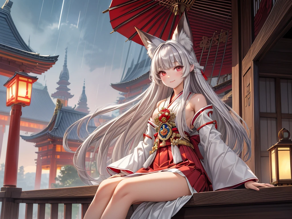 masterpiece,  top quality,(( one girl , medium chest )),Narrow treeshrees,perfect dark red eyes , ((Gray hair straight hair, princess cut, long hair on background,White fox ears)),((Luxurious shrine maiden costume, red skirt )), blue-white skin,smile,Rain,Sitting on the veranda of a mansion,Side face looking up at the sky 