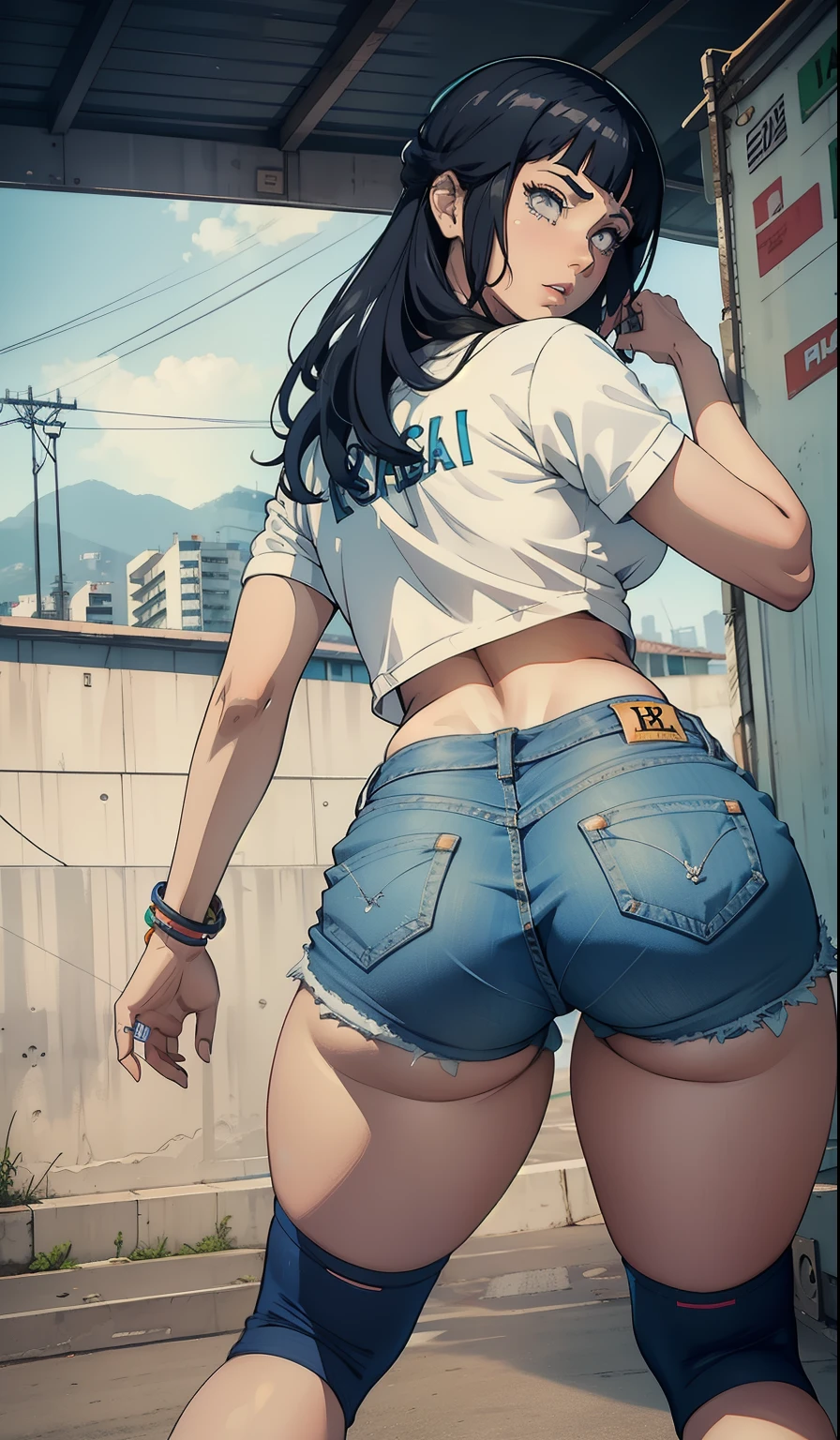 hinata hyuga, very sensual, with Lacoste funk clothes, Oakley Juliet, Brazilian, in the city of Rio de Janeiro, Brazil, dancing funk, shaking, big ass, thick legs , wearing extremely short denim shorts, showing a piece of ass, Short Micro Short, wearing a mini blouse, umbigo com pirsing, sneakers Nike, Long hair, JBL speaker in the background, favela in the background, periphery in the background, full body, very realistic, extremely realistic, extremely sexy , 8k, 8k extremely detailed), (an extremely delicate and beautiful), ( masterpiece ), ( best quality : 1.0), (ultra highres:1.0)