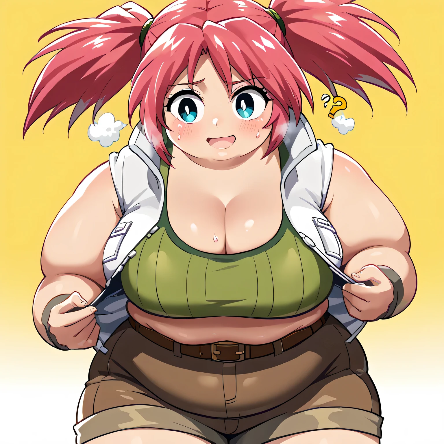 score_9, score_8_up, score_7_up, source_anime,
nadiacassel, nadia cassel, blue eyes, hair tie, medium hair, pink hair, twintails,
belt, brown belt, brown shorts, jacket, midriff, short shorts, shorts, sleeveless, sleeveless jacket, white jacket, tank top, green tank top,
outdoors, wasteland, bent over, cleavage, smile,
looking at viewer, cowboy shot, dutch angle, solo, bulging belly, fat, chubby, obese, open mouth, out of breath, absurdres, highres icon, rating:General, confused, blush, {flustered}, nervous sweating, portrait, pov hands, hand on another's belly, averting eyes, [looking away], straight-on, from below, swollen face, masterpiece, best quality, ultra-detailed, high resolution, 8K, 