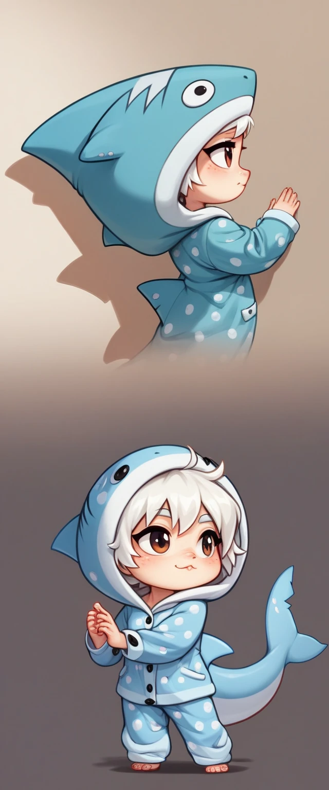 Chibi, Nendoroid, ((worst quality, low quality)), ((Close-up), profile,1.5 facing left), ( girl), white hair, (Fluffy shark costume pajamas:1.4), (Open pajamas:1.2), (Pale light blue pajamas:1.4), Animal Hoodie, (hood up:1.under the hoodie, oversized hoodie, five fingers, perfect hands, bedroom background, best quality,Super detailed, masterpiece , winter, Christmas, cosplay, full body shoot