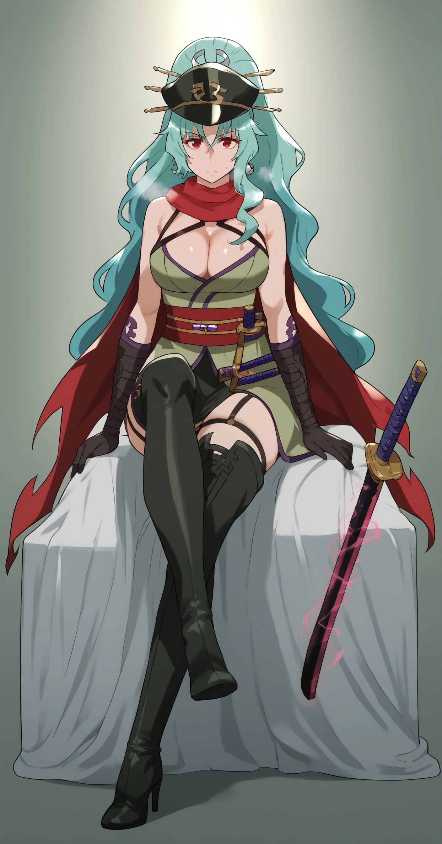 trexxx, score_9, score_8_up, score_7_up, score_6_up, uncensored, red_eyes, long_hair, red_scarf, ponytail, green hair, wavy hair, Tomoe, large breasts, BREAK detailed eyes, (perfect hands, perfect anatomy), (anime coloring:1.2),Vector art, Vivid colors, Clean lines, Sharp edges, Minimalist, Precise geometry, Simplistic, Smooth curves, Bold outlines, Crisp shapes, Flat colors, Illustration art piece, High contrast shadows, Technical illustration, Graphic design, Vector graphics, High contrast, Precision artwork, Linear compositions, Scalable artwork, Digital art, excessive sweating, sweating profusely, sweating drop BREAK, gasping, heavy breathing, (aura, magic:1.3), fantasy 1girl, weapon, sword, breasts, solo, holding, boots, gloves, holding_weapon, holding_sword, cleavage, full_body, looking_at_viewer, black_gloves, cape, thighhighs, thigh_boots, high_heels, hat, large_breasts, standing, crossed_legs, clothing_cutout, earrings, black_footwear, tassel, jewelry, katana, cleavage_cutout