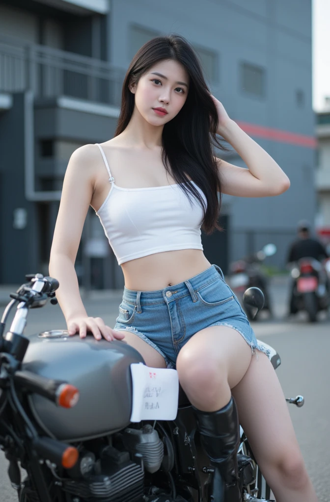 a lot of details, (underweight), 30 years old, detailed black hair, beautiful detailed hair, super fucking beautiful, delicate beautiful face, complex details beautiful and delicate eyes, perfect hands, (flat chest best quality:1.5), perfect and delicate limbs, detailed skin, best quality, ultra-detailed,(cheerful grin:1.5),
city, motorcycle, excited, riding motorcycle, looking to the right, semi long, t-shirt, jeans, japanese, in the city, at midnight, cyberpunk, full body shot, high angle shot, extreme wide shot, ambient lighting