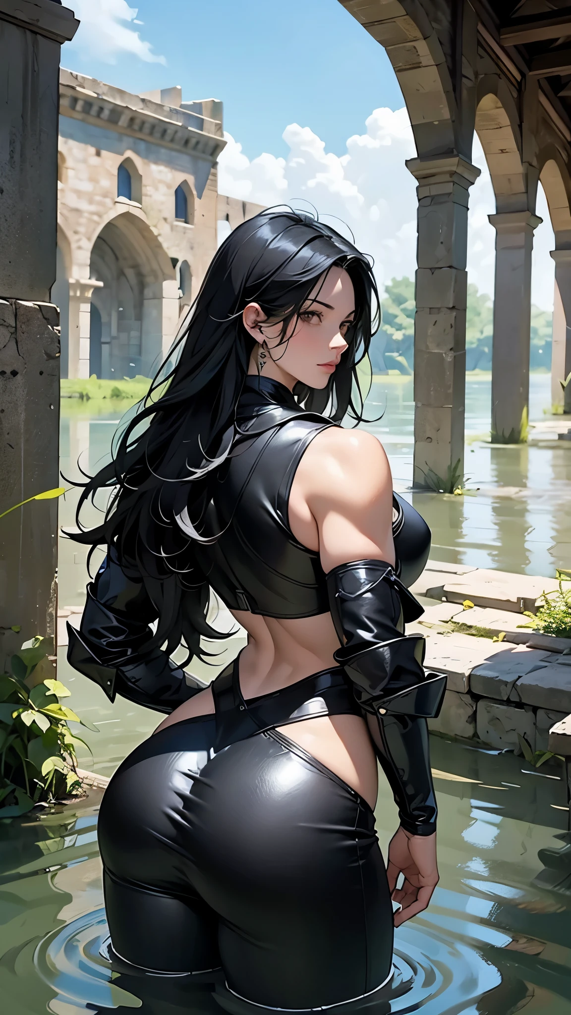 Solo, Octavia Blake (Marie Avgeropoulos, long black hair with braids on top, eyeliner, makeup, shine), onepiece leather armor, shoulders showing, swimming on a beach on the edge of the jungle, wet, wet hair, splashes of water, depth of field, night