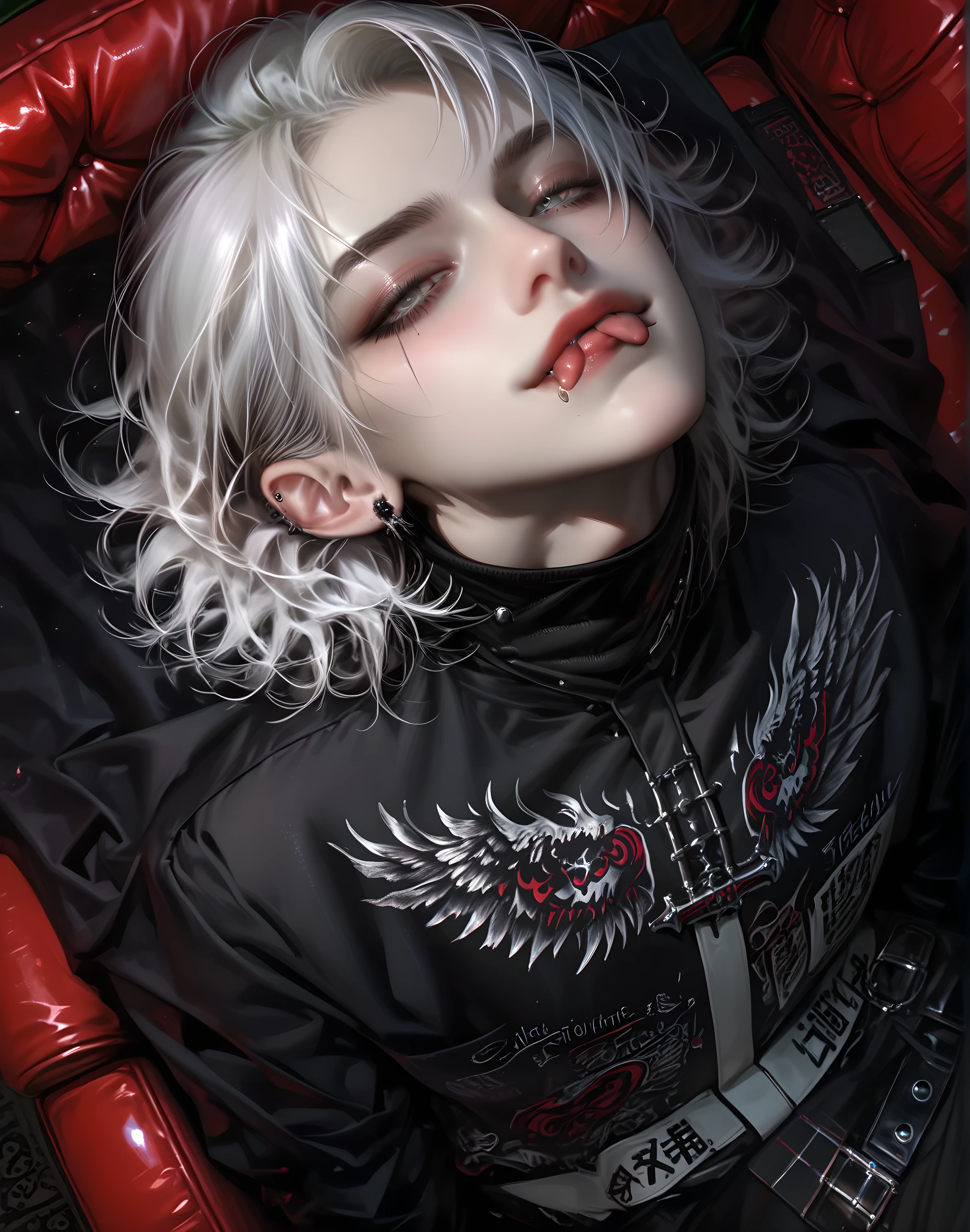  score_9,  score_8_above,  score_7_above, a hyper-realistic and ultra-detailed photo of a beautiful girl, ultra-realistic, naked, small forked tongue, aboveper body,  looking at the spectator,  seductive smile, 1 ,  Gojo Satoru,  white hair, black sale,  black jacket , high neck,  long sleeves, perfect eyes, gray eyes,  th3rm4l, colorful, male haircut, ((black body from the neck down)), gothic, black armchair,