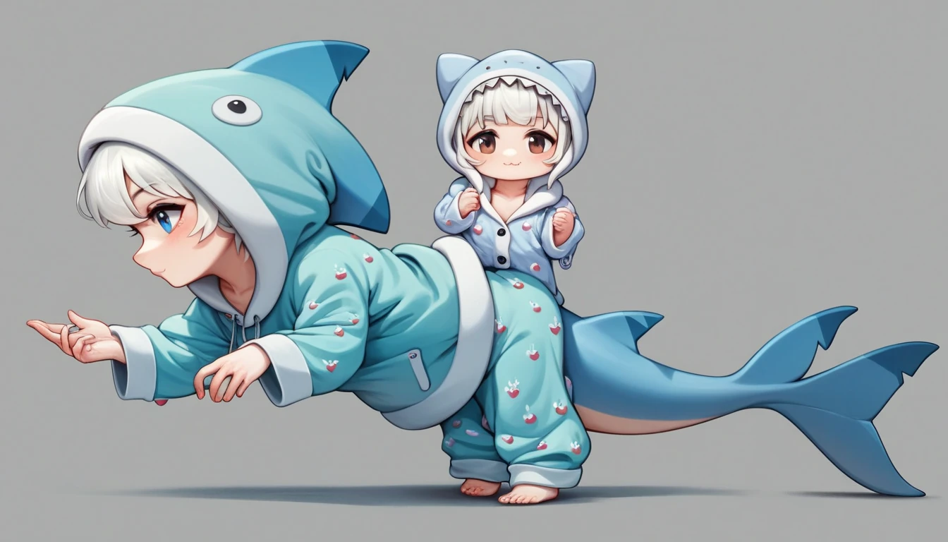 Chibi, Nendoroid, ((worst quality, low quality)), ((Close-up), profile,1.5 facing left), ( girl), white hair, (Fluffy shark costume pajamas:1.4), (Open pajamas:1.2), (Pale light blue pajamas:1.4), Animal Hoodie, (hood up:1.under the hoodie, oversized hoodie, five fingers, perfect hands, bedroom background, best quality,Super detailed, masterpiece , winter, Christmas, cosplay, full body shoot