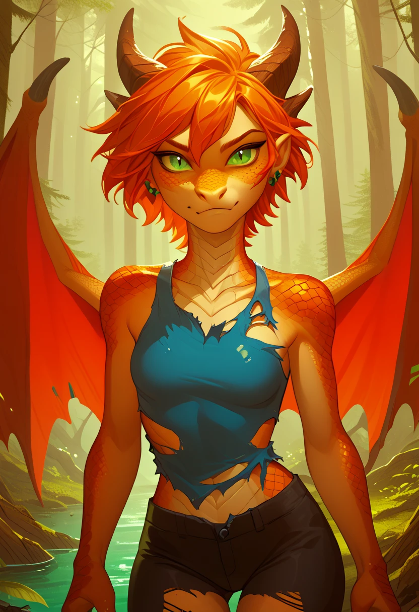 score_9,score_8_up,score_7_up, 1girl, Gwendolyn_Tennyson, solo, torn clothes, furry, forest, dragon girl, short hair, orange hair, green eyes, scales, horns, dragon wings, 