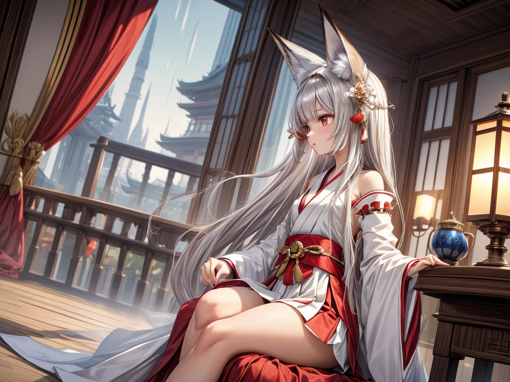 masterpiece,  top quality,(( one girl , medium chest )),Narrow treeshrees,perfect dark red eyes , ((Gray hair straight hair, princess cut, long hair on background,White fox ears)),((Luxurious shrine maiden costume, red skirt )), blue-white skin,A sad expression,Rain,Sitting on the veranda of a mansion, where there are a lot of dirty nets,profile, side composition