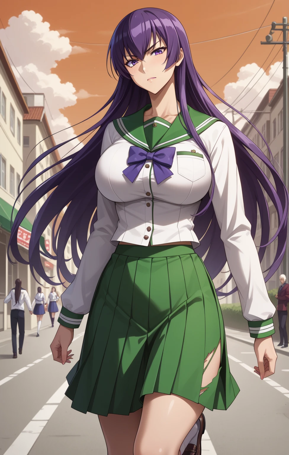 ((masterpiece)), Highest quality, Very detailed, master piece, best quality, score_9, score_8_up, score_7_up, source_anime,
saekobusujima, saeko busujima, long hair, purple hair, purple eyes, hair between eyes,
skirt, long sleeves, bow, school uniform, serafuku, green skirt, huge breasts, mature woman,
outdoors, zombies, orange sky,
looking at viewer, torn apart clothes, on street, running, zombies chasing behind,