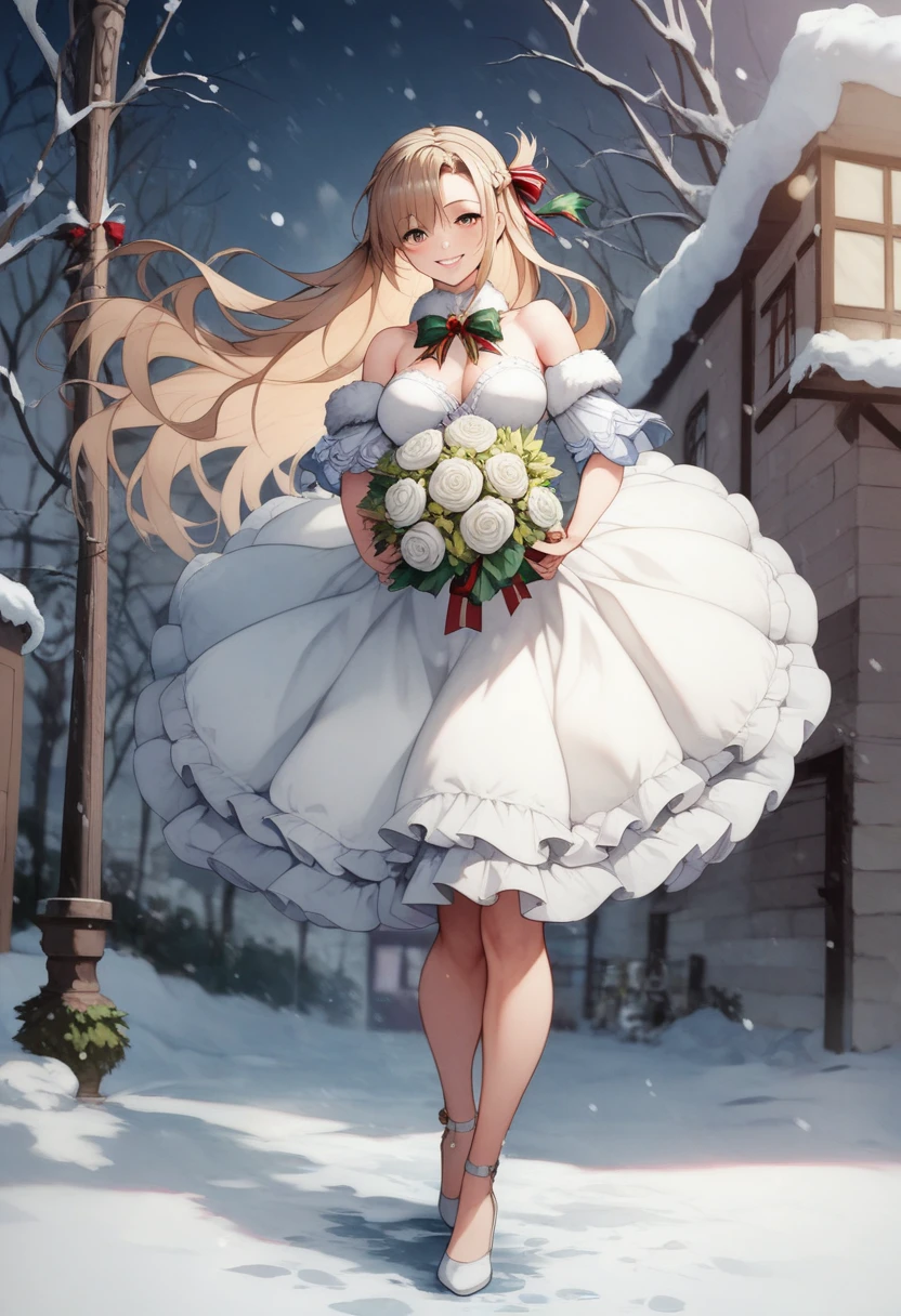 (​masterpiece、top-quality、illustratio、Extremely high quality、high-level image quality、Extremely sensitive writing)Girl with long silver hair standing in beautiful flowery garden、A slight smile、She has a large bouquet、Cute national costume style dress with ruffles on the shoulders、Hair fluttering in the wind, asuna yuuki, winter, Christmas