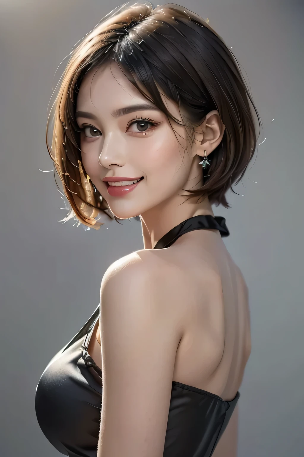 1.  beautiful woman, (1 supermodel), (   perfect anatomy ), (( cowboy shot leading to the climax)), Golden Ratio, (top quality:1.4), 32k resolution, ( realistic   :1.5), (超   realistic   :1.5), High resolution UHD, (masterpiece :1.2)), (Improved quality:1.4), ( Very Beautiful Face Details ), (Grin), (Top quality realistic feel), ((Black silk dress :1.37)), Earrings,  Necklaces , (Big Breasts:1.3), (thigh), (Ass ), Accurate Fingers,  very detailed,  beautiful eyes,  double eyelids ,  eyelash , Shaping your eyebrows, (( very detailed portraits)),  red cheeks , Ultra-  realistic   eyes, Perfect Lips,    perfect eyes,  natural cosmetics , [ pink lipstick], (( Commitment to quality :1.2)), ( beautiful lips:1.33), (Great nose:1.2), (Big Breasts), Brunette Pixie Cut , (( realistic )), (( sharp concentration)), ( highest resolution), (( high image quality)), ((masterpiece)),  PROFESSIONAL CINEMA LIGHTING
