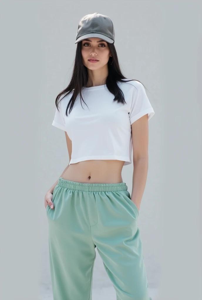 has una chica de tes blanca, short de mezclilla y playera larga color verde