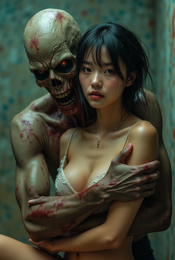 Photo realistic screaming Korean woman being undressed by a zombie boy for his huge penis,wear cleavage