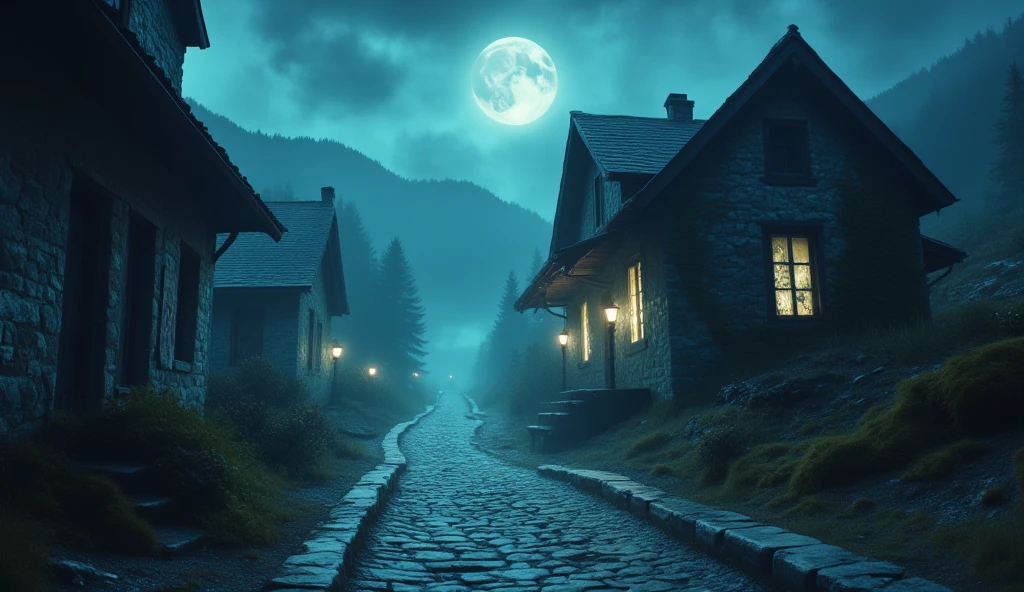 A small, eerie mountain town under the soft glow of a full moon. Fog swirls through narrow cobblestone streets, and distant pine trees rise like shadows. In the background, an abandoned train station stands in ruins—its walls covered in ivy and graffiti, with shattered windows. The atmosphere is quiet and foreboding, with an ominous aura hanging in the air.