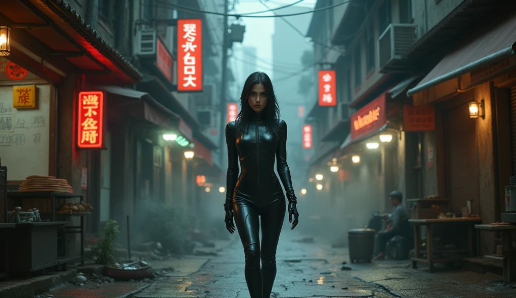 A female superhero in a revealing black and silver suit, large breasts, toned body, explosions in the background with a ruined city, photorealistic, female athletic physique, asian female facial features, intricate, high detail, sharp focus, dramatic, BladeRunner2049 style