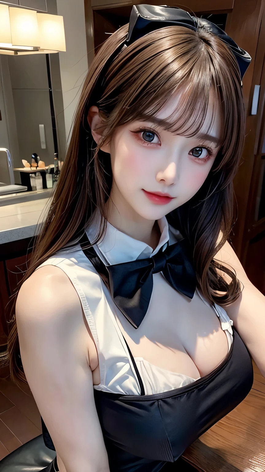 (RAW photos: 1.2), top quality, beautiful detailed girl, bunny girl, smile, highly detailed eyes and face, beautiful detailed eyes, huge file size, high resolution, high resolution, 8k wallpaper, fine detail, highly detailed ticker uniform, light on face, movie lighting, 16 year old girl, sexy pose, (photorealism: 1.4), surrealism, Shot looking up from below, super detail, masterpiece, playboy bunny, fishnet stockings, sitting, sexy uniform, bow tie, cleavage, open chest, face forward, show legs