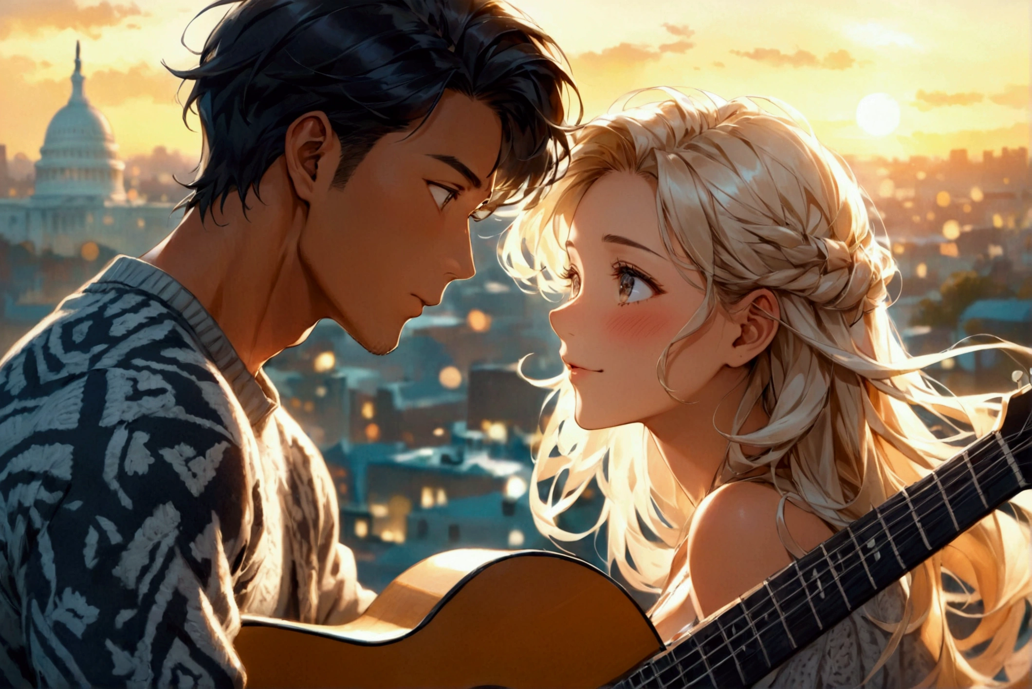 Illustrate a scene in which an Asian man singing with a guitar to his European girlfriend on a rooftop. The scene is set against the breathtaking landscape of Washington D.C. on a warm autumn night when the sky is filled with bright stars. The man has a round face, defined by his brown skin, golden undertone, double lid, round black eyes, low cheek bones, a straight nose, and short black hair in class slick back. He wears a stylish, fitted sweater with a gray geometric print, accentuating his gentle, romantic expression as he strums the guitar and sings to his European girlfriend. She, with a pretty oval face, almond-shaped eyes, low cheek bones, and a Greek nose, has blonde hair that cascades down her back in soft, flowing waves, complementing her fair complexion with a cool undertone. Dressed in a cozy sweater paired with casual, dark-washed pants, she listens intently, a gentle blush on her cheeks, her face aglow with happiness. The full-body shot captures the tender moment, with the guitar and stars shining brightly, as the warm, golden lighting of the rooftop ambiance illuminates the couple's joyous, romantic evening. ((full-body shot)), ((Asian man, 30-year old, muscular physique, round face)), (European woman, 23-year old, blonde hair, long hair)), highly detailed, blush, singing, (playing guitar), ((wide view)), pleasant expression, night sky, cinematic