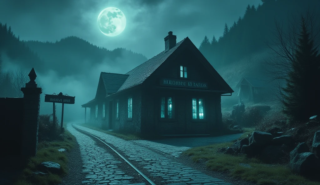 A small train station, eerie mountain town under the soft glow of a full moon. Fog swirls through narrow cobblestone streets, and distant pine trees rise like shadows. In the background, an abandoned train station stands in ruins—its walls covered in ivy and graffiti, with shattered windows. The atmosphere is quiet and foreboding, with an ominous aura hanging in the air. under a darker, more ominous sky. A faint ghostly train whistle echoes in the distance, and glowing eyes seem to peer from the shadows. A signboard at the station reads “Hallow’s End Station” with faded letters. The atmosphere is heavy with mystery, suggesting the Midnight Train still roams.