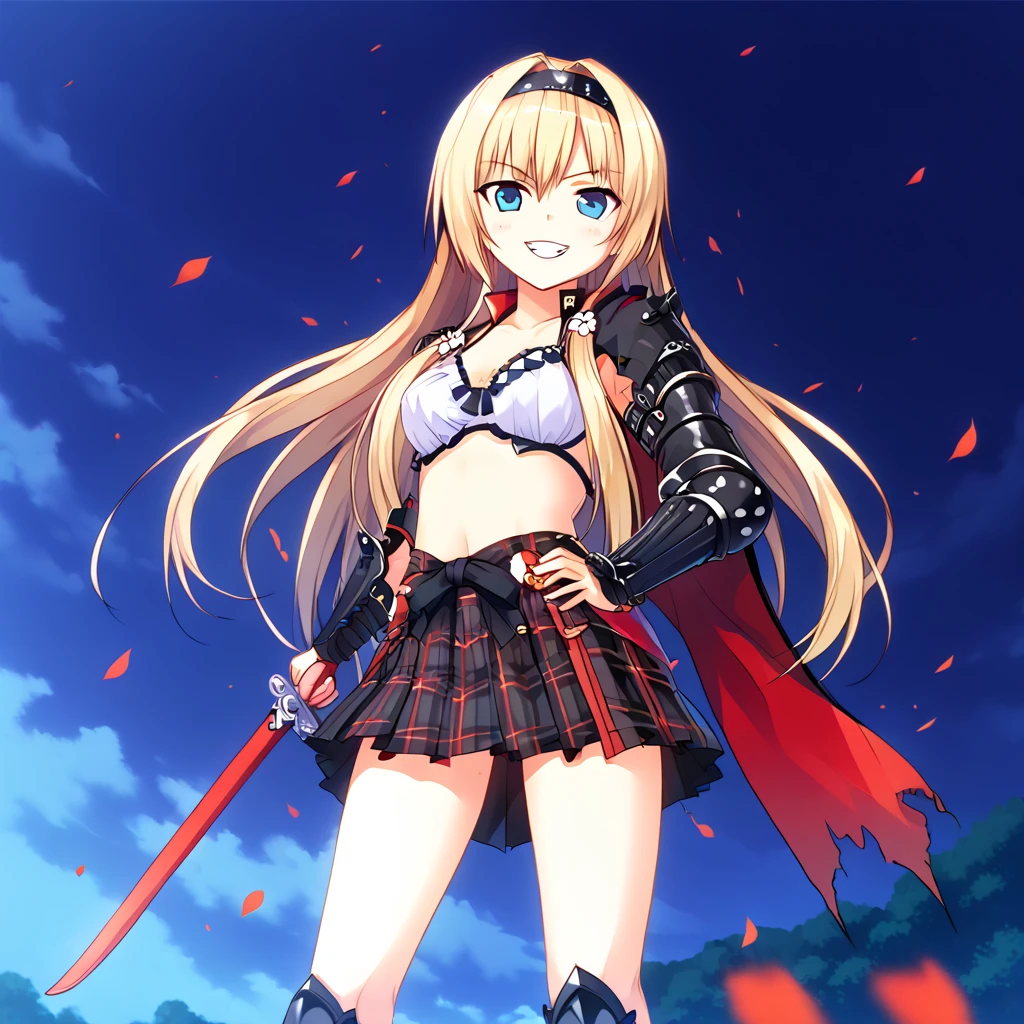 (Ashikaga Yoshiteru, black version, dark side version,),girl, katana, dynamic pose, gamecg, detailed, score_7, score_8, score_9, grin face,, blush, ashikaga_yoshiteru_(sengoku_otome), blonde hair, blue eyes, long hair,silky skin, breasts armor, black armor, black hairband, black cape, black bow, midriff, black skirt, pleated skirt, skirt in plaid skirt,navel,black gauntlets, cowboy shot, torn cape, ((Darkened coloring, The armor has become sinister as it falls into darkness, evil design armor)), artist: CURA,