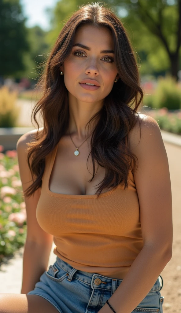 (​masterpiece, best quality:1.5), highest quality, High resolution, super detailed, Realists, Full body photo of a young European brunette woman, detailed and beautiful blue eyes, very detailed eyes and face, longeyelashes, the young woman wears a tank top made of shiny yellow satin and black tight pants, beautiful natural makeup, elegant and noble々Pose, Gardens as background, soft daylight, bright colors, fine brushstrokes, shiny dress fabric, beautiful color palette, glowing skin, First-class rendering, that captures every detail, enchanting atmosphere, subtle shadows and lights, (perfect anatomy:1.2), (The stunning young woman is sitting on the bench and looking in love (magnificent panorama view:1.2)