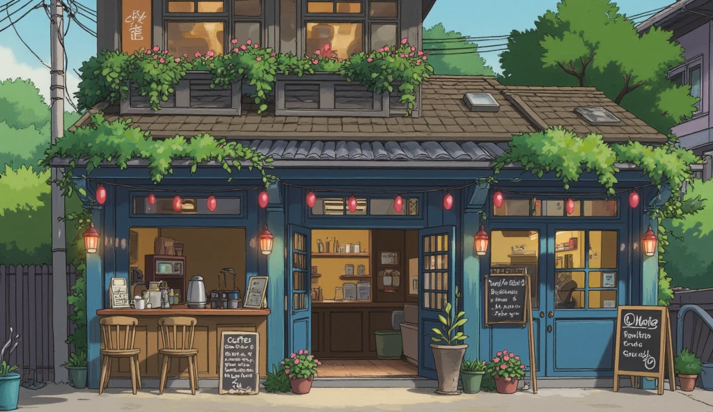 A cozy and cozy coffee shop 'Loft Coffee.' Surrounded by a greenery-filled surrounding environment, the coffee shop has a charming exterior consisting of blue wood doors and windows. The entrance is decorated with a variety of pots and vine plants from the roof, and warm lights and red lanterns light up the façade, creating a welcoming atmosphere. Outside, there is a small counter and three wooden chairs, and a blackboard with handwritten menus and signs hangs near the entrance. On the upper floor, there are additional windows and more plants, adding to the cozy and peaceful atmosphere.