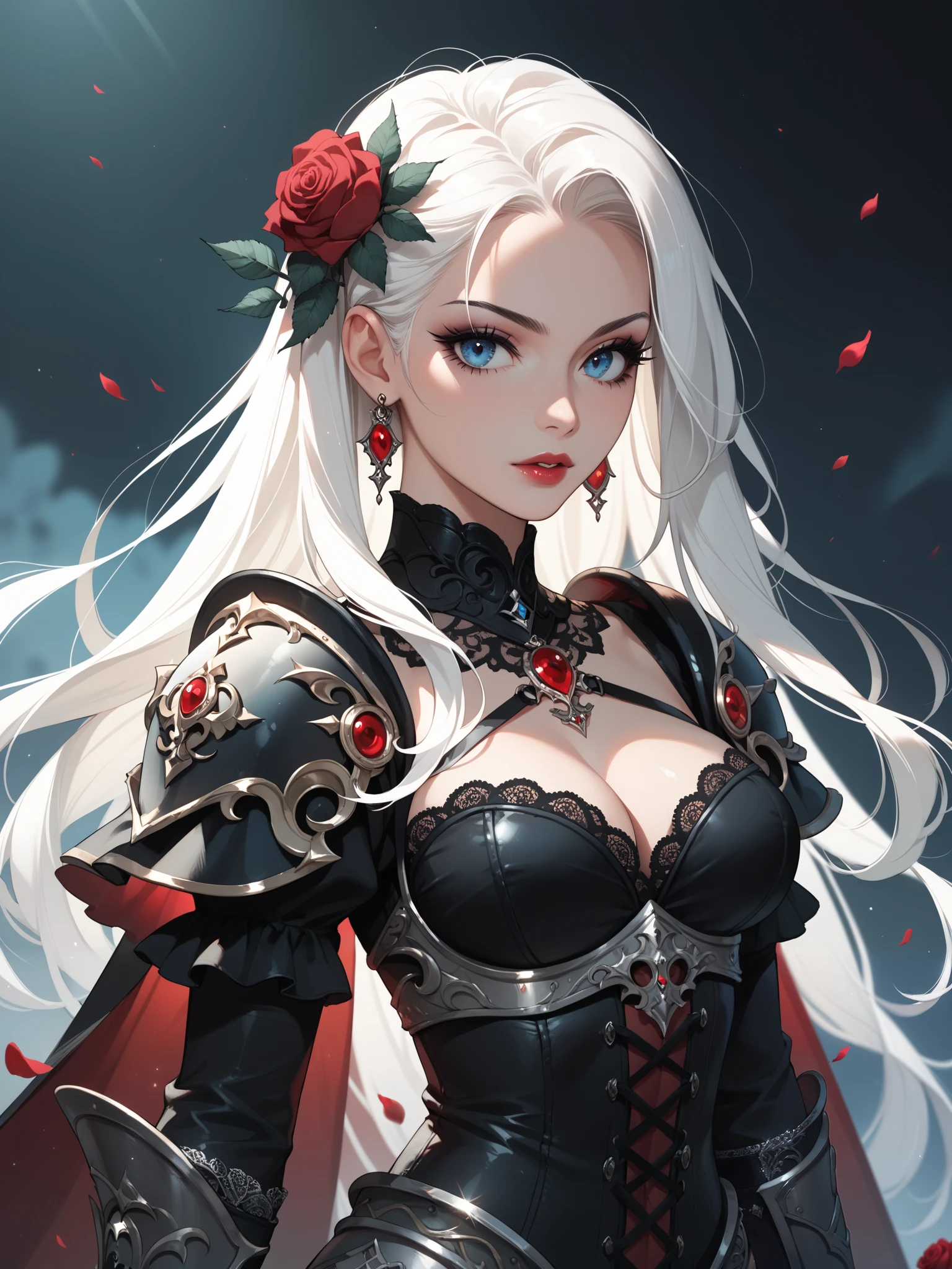 Beautiful Vampire Queen holding an ornate sword, long white hair, gothic style, roses in hair, dark black eyelashes, blue eyes, beautiful ornate armor, digital illustration, glitter