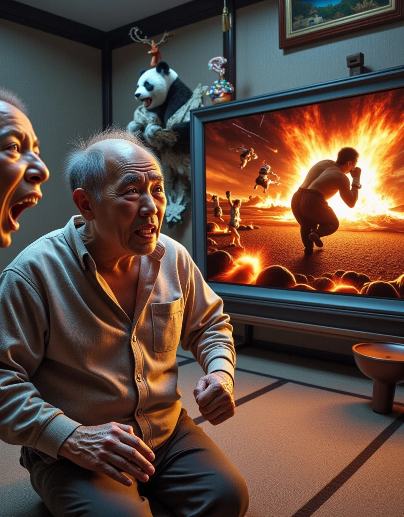 ultra-realistic, photorealistic, dramatic scene, shadow, global-illumination, solo, (An elderly Japanese man and old woman are in a Japanese stylish room), (they are extremely surprised by the TV and opening their mouths and screaming), shouting, (They are looking back and showing their surprised face), (wide opened eyes), (Nosebleeds), popping dentures, blown wigs, bald heads reflecting light, simple room wear, Japanese tatami floor, low table, Japanese furnishings, Christmas decoration, bonsai, the large old TV displays\(Muay Thai fighter vs. terrifying man-eating panda, there are the shouting Muay Thai fighter and terrifying panda with fang, volcano, thunder, giant meteorite, galaxy, blackhole, missile, explosion,  Muay Thai fighter shows extremely painful expressions\), bright ceiling lighting in the room, peaceful sunny day,