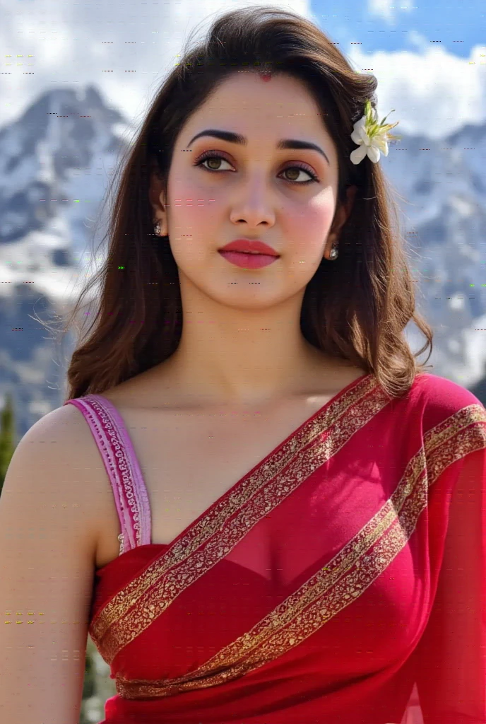 "A glowing divine female figure standing amidst the clouds,She wears an intricately embroidered red and gold saree that shimmers in soft sunlight.She has long wavy black hair in a loose messy bun with fresh jasmine flowers. She has very large breasts and wide hips. The light reflects off of her soft glistening skin. She has wide eyes with long eye lashes and natural makeup. symbolizing grace and power, with the Himalayas in the backdrop. A soft golden light surrounds her, representing her celestial presence.