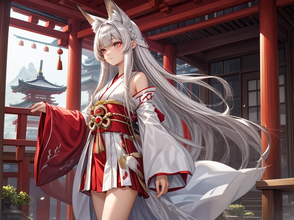 masterpiece,  top quality,(( one girl , medium chest )),Narrow treeshrees,perfect dark red eyes , ((Gray hair straight hair, princess cut, long hair on background,White fox ears)),((Luxurious shrine maiden costume,The gorgeous red skirt )), blue-white skin,A sad expression,Rain, is on the balcony of a Japanese-style mansion, where there are a lot of dirty nets,profile, side composition