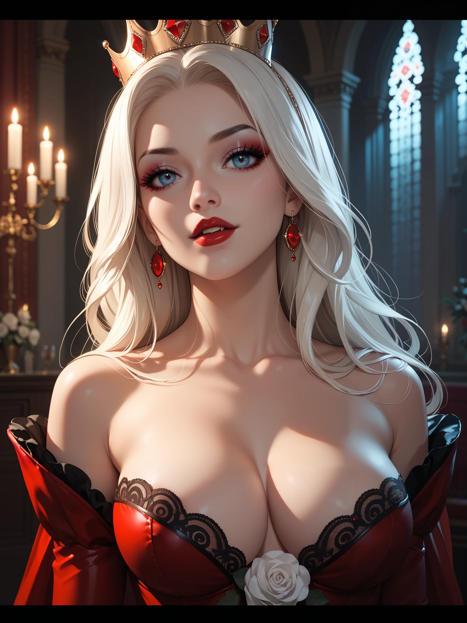 Masterpiece, exquisite quality, ultra-detailed beautiful Vampire Queen, long hair, vampiric eyes, baroque style, stunning details, highly detailed textures, perfect composition, cinematic lighting, white rose, 12k resolution