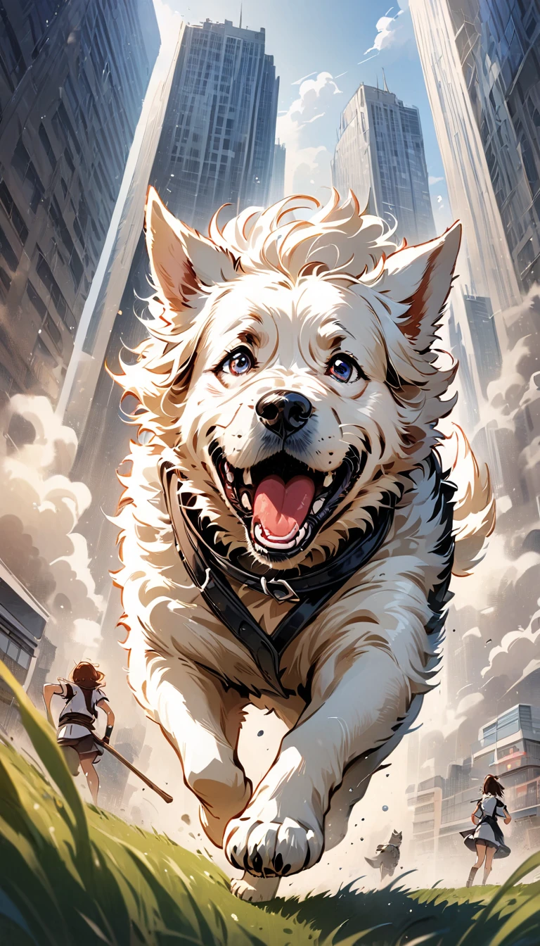 (graphic novel style, dark novel style, 2d:1.5),(anime), (masterpiece:1.4), (colourful, soft cinematic light:1.1), incredibly lifelike, Extremely high-resolution details, 8k, best quality,extremely detailed, contrast, (only dog),
 high jump (((white))) Yorkshire Terrier with a stick in his mouth,high jump small happy dog Yorkshire Terrier with a  big stick in his mouth, city park, park against the backdrop of skyscrapers, grass, park, day, (no people, no girl, no man),