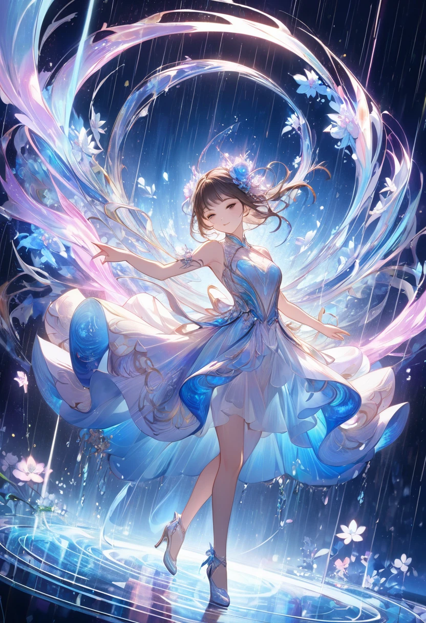 (fluid art),(master piece),(4k),high quality,(small breasts),(1 beautiful girl),(solo),long silver hair,pale skin,smile,beautiful detailed blue eyes, (Highly detailed elegant),(see-through dress),((transparent dress)),((transparent skirt)),(wet dress), Magical colors and atmosphere, Detailed skin,(cute sparkle), light particles,The background is soft and blurry,Add a dramatic and symbolic element to your scene, Depth of written boundary, Bokeh, Silky to the touch, Hyper Detail,girl is walking on the water,beautiful blue water,create an ethereal atmosphere like a dream,film lighting