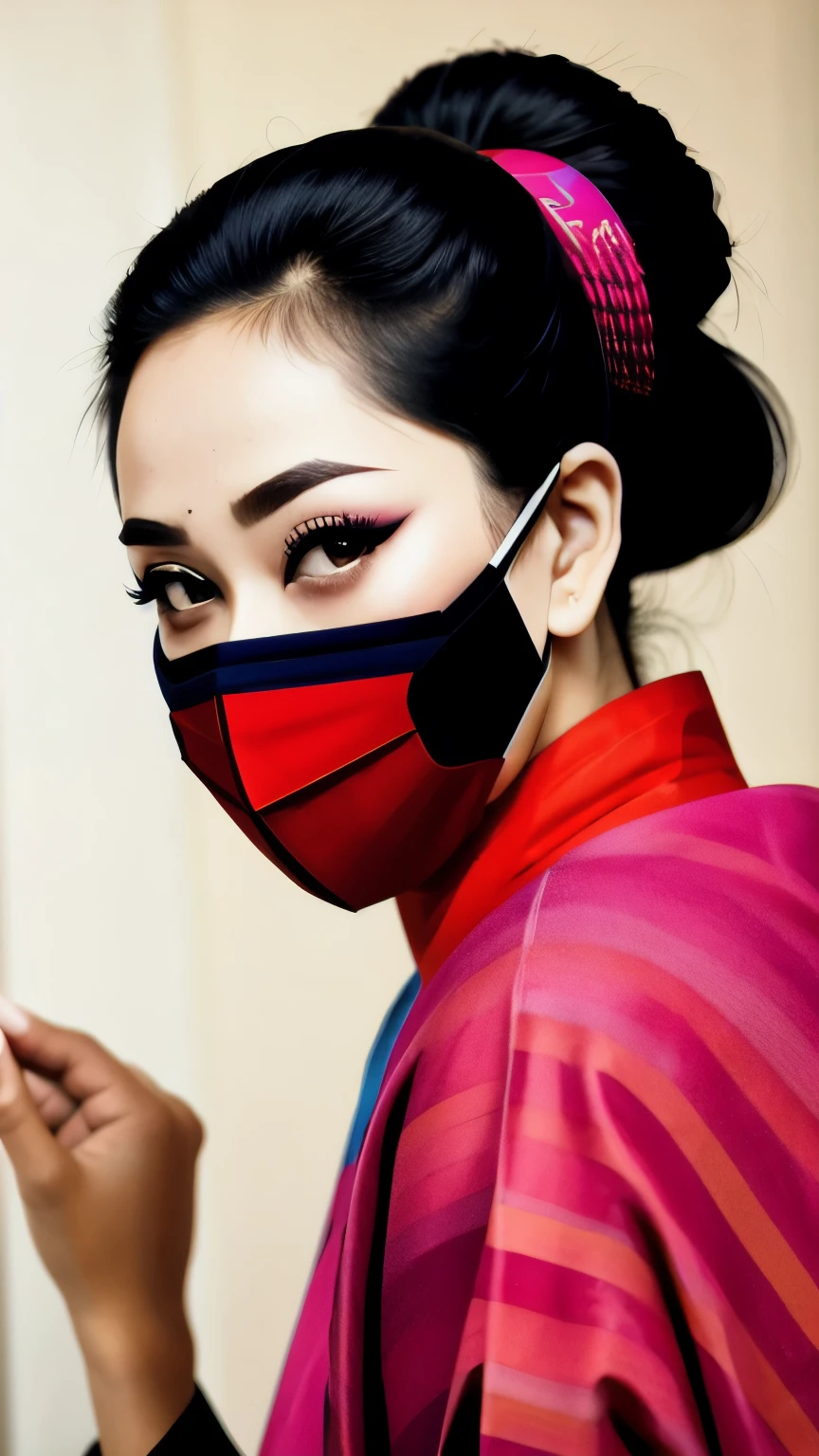 Pretty girl is taking off her red kabuki mask and she's so pretty.